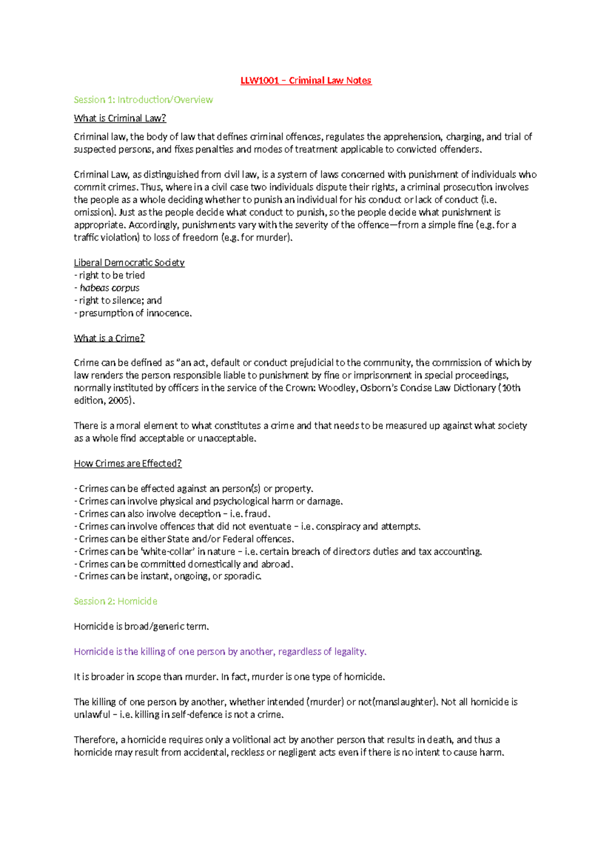 LLW1001 Criminal Law Exam Notes: Key Concepts and Cases - Studocu