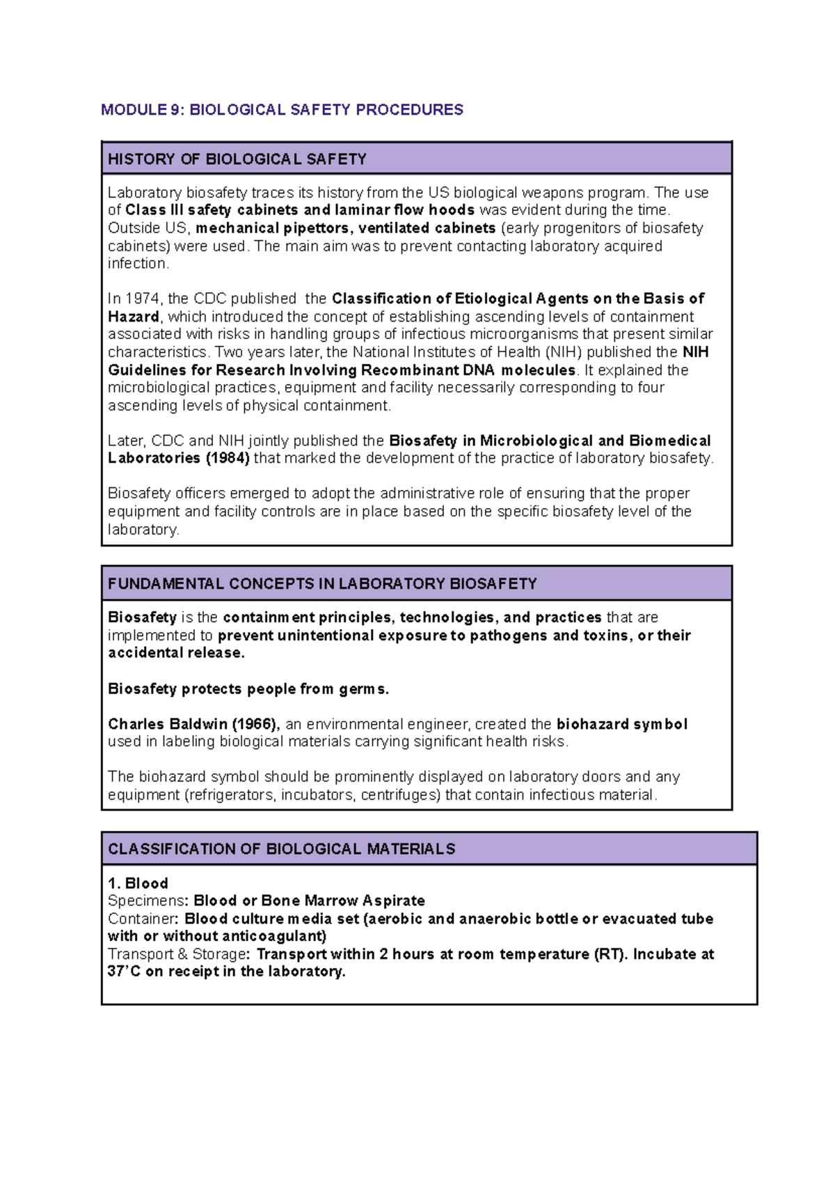 PMLS 1: Module 9 - Biological Safety Procedures Overview - Studocu