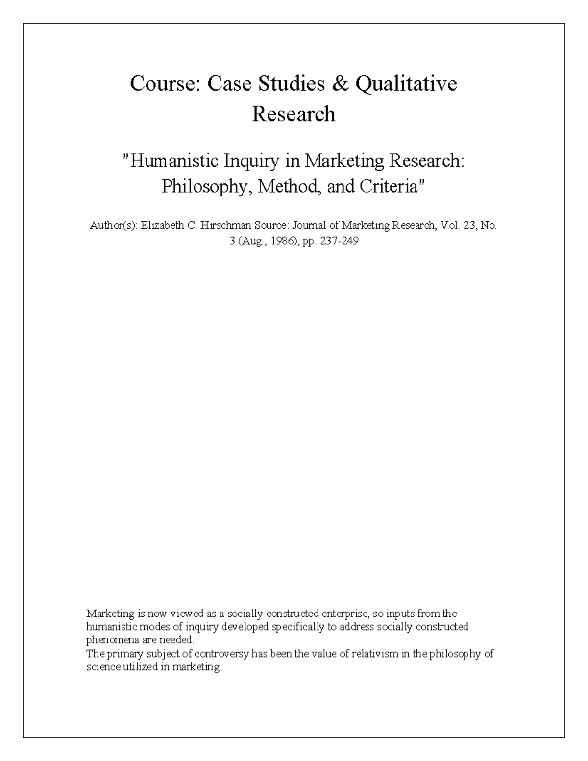 Humanistic Inquiry in Marketing Research Assignment - Course: Case ...