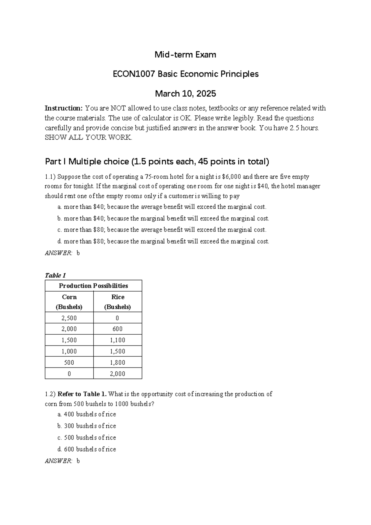 Midterm Exam Solutions for ECON1007: Basic Economic Principles - Studocu