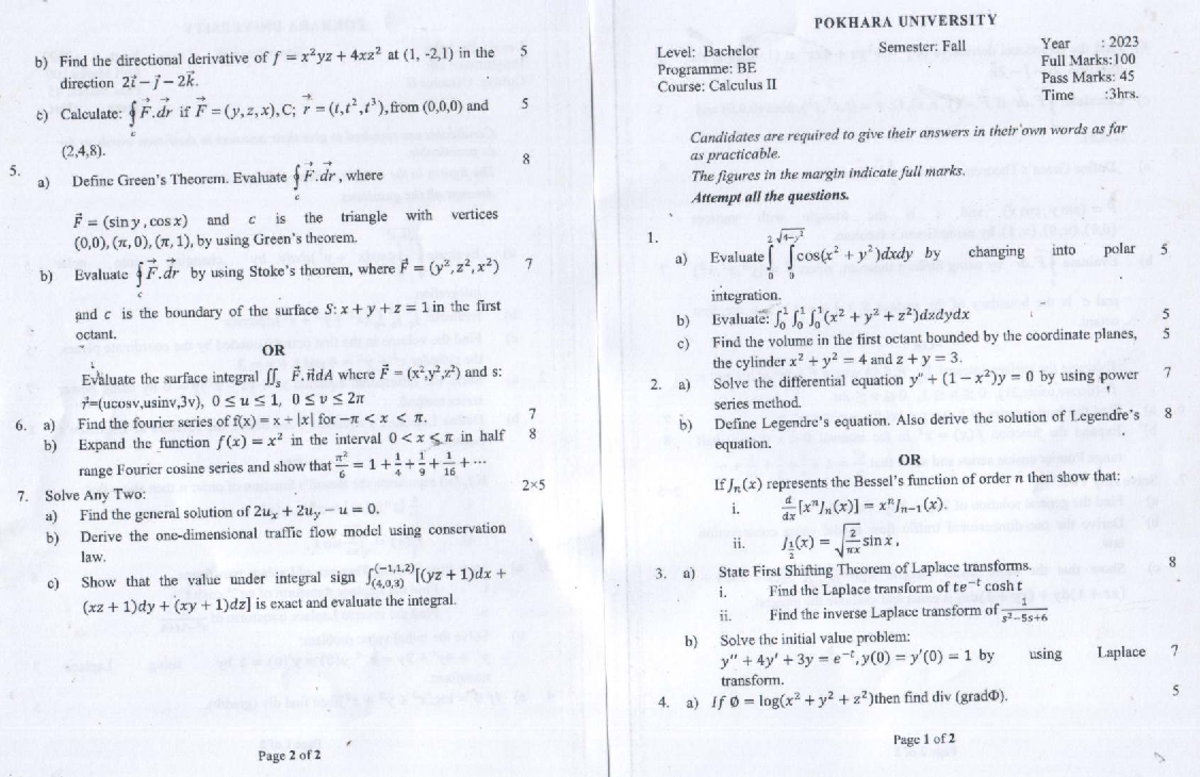 Calculus II (BE) Fall 2023 - Old Exam Questions and Solutions - Studocu