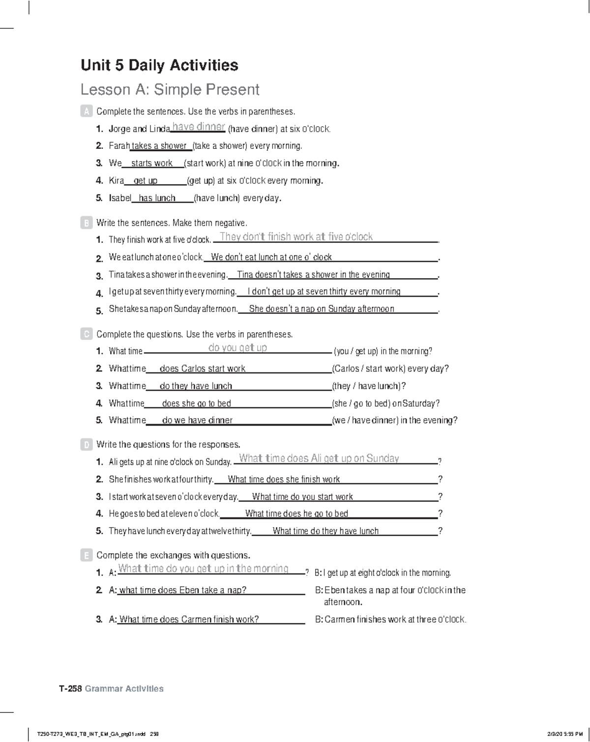 World English 3e Level Intro Grammar Activities Unit 5 Lesson A - Studocu