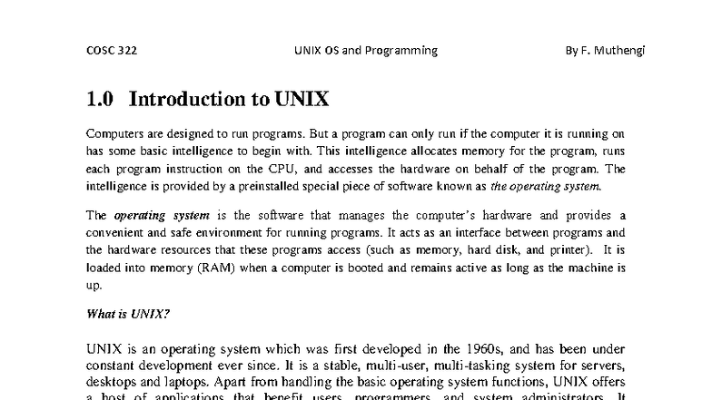 COSC 322 Lecture Notes: Introduction to UNIX OS - Studocu