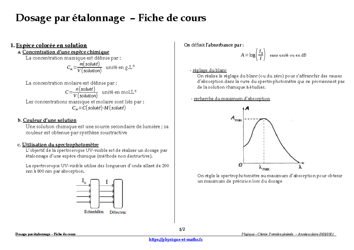 Fiche de Cours Dosage par Étalonnage en PhysiqueChimie (Première — free download