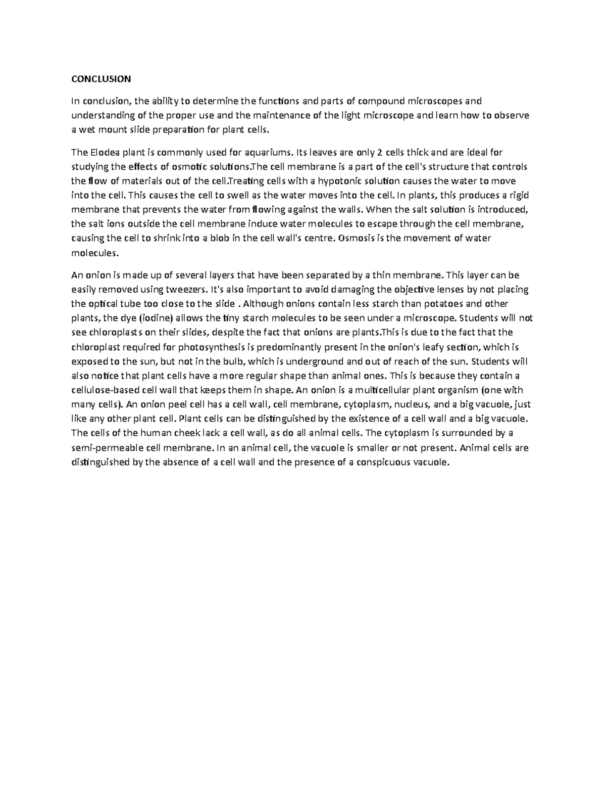 BIO411 LAB 1 - Conclusion: Understanding Cell and Osmosis Effects - Studocu