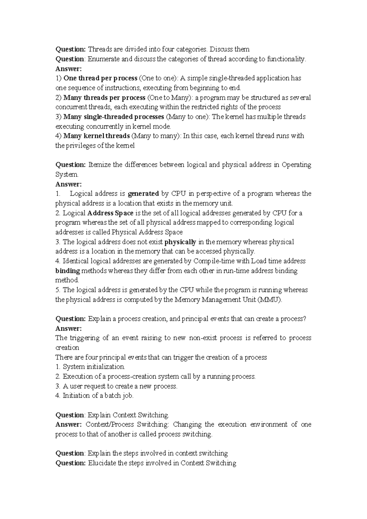 CIT315 - Past Questions on Threads, Processes, and Memory Management ...