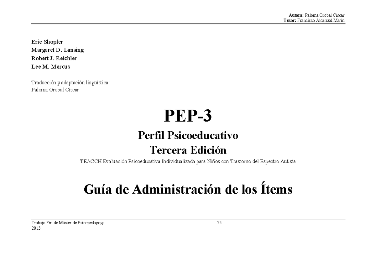 Guía de Administración PEP-3: Evaluación Psicoeducativa para Niños con ...