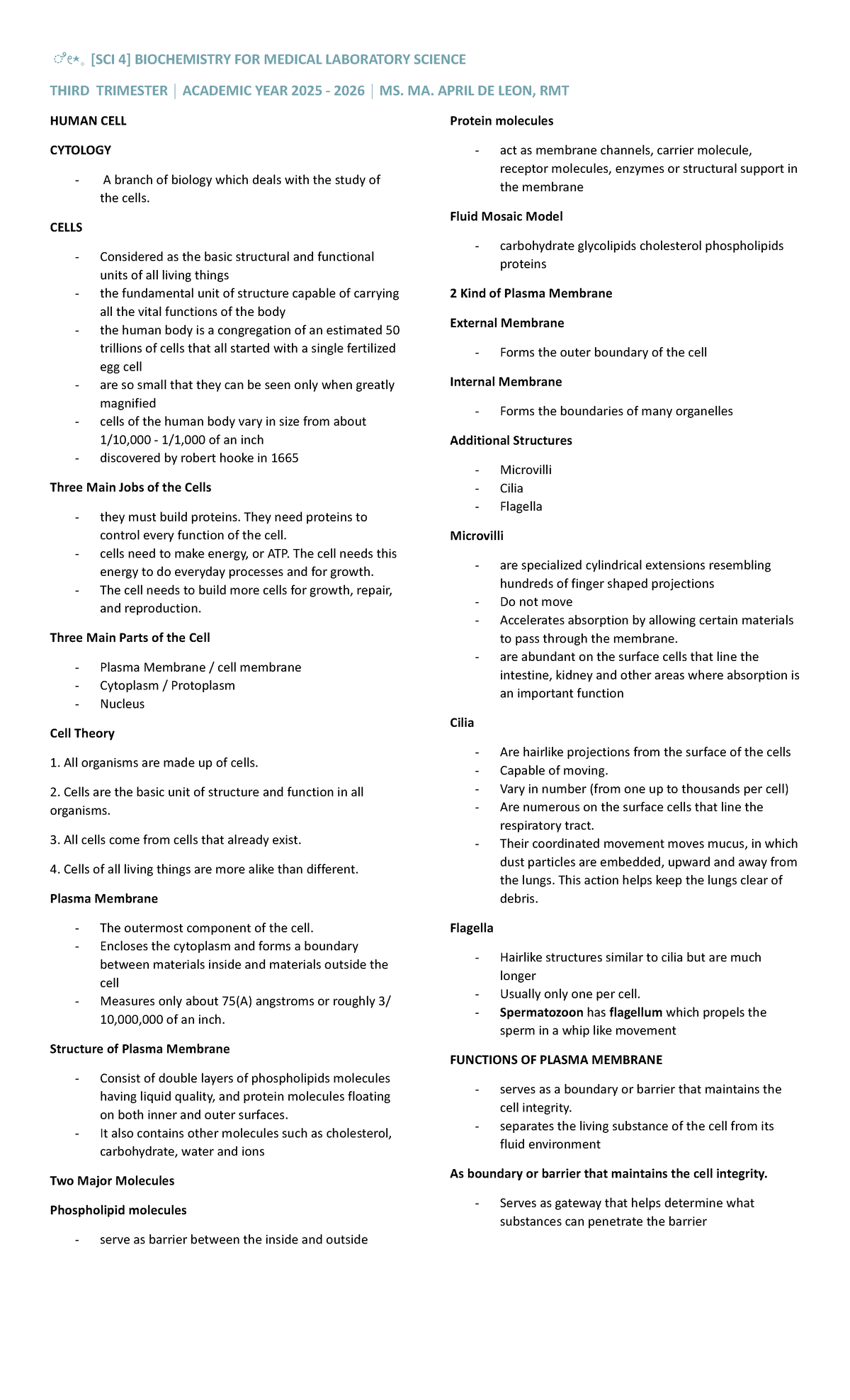 BIOCHEMISTRY FOR MEDICAL LABORATORY SCIENCE: HUMAN CELL STUDY LN 2 ...