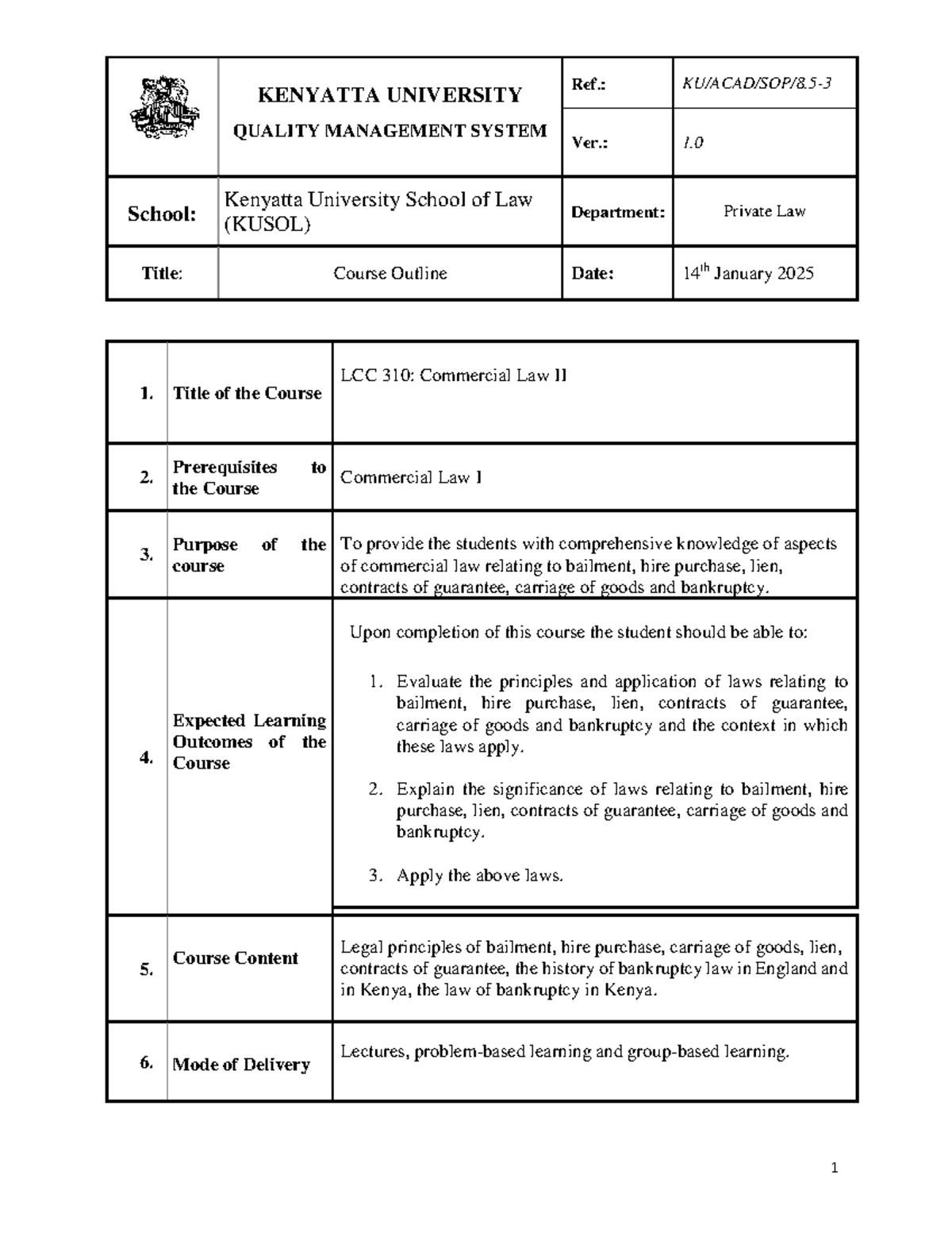 LCC 310: Commercial Law II Course Outline and Learning Outcomes - Studocu