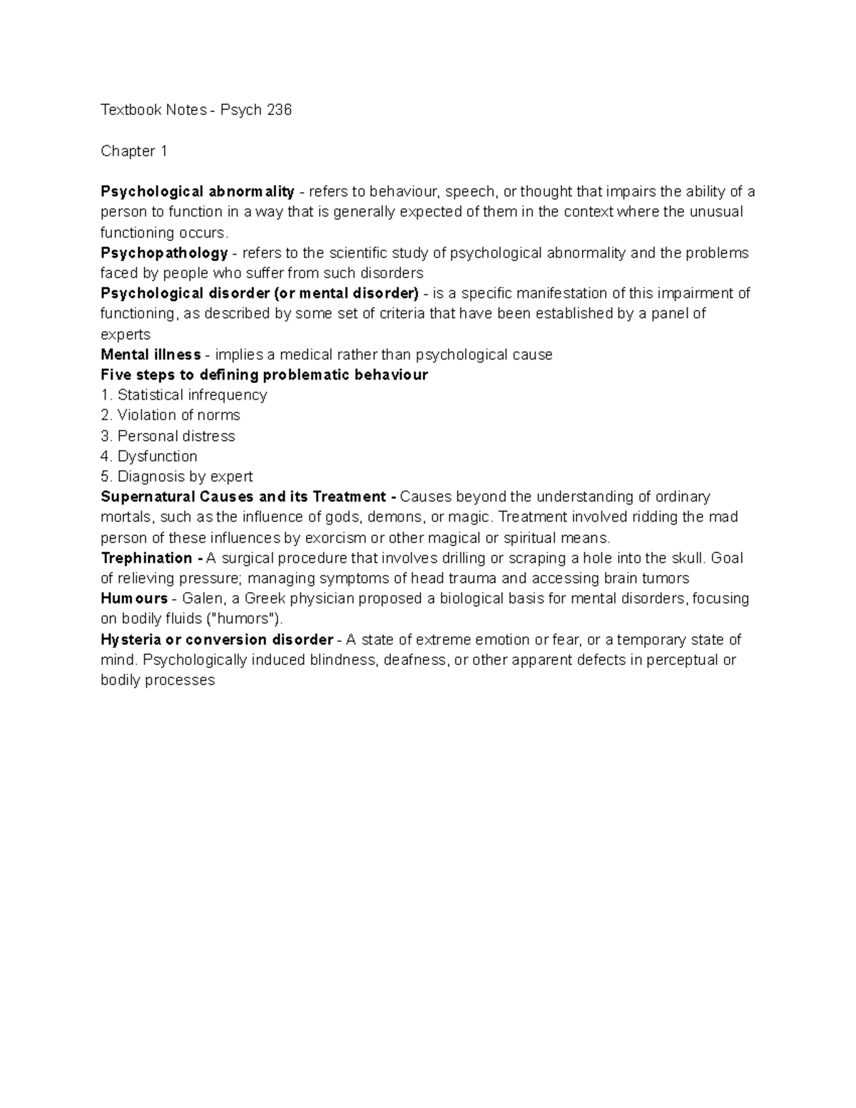 Psych 236 Chapter 1: Introduction to Psychological Abnormality and ...