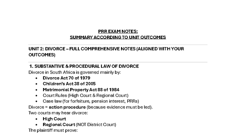 PRR EXAM NOTES: UNIT 2 DIVORCE PROCEDURES AND LEGAL FRAMEWORK - Studocu