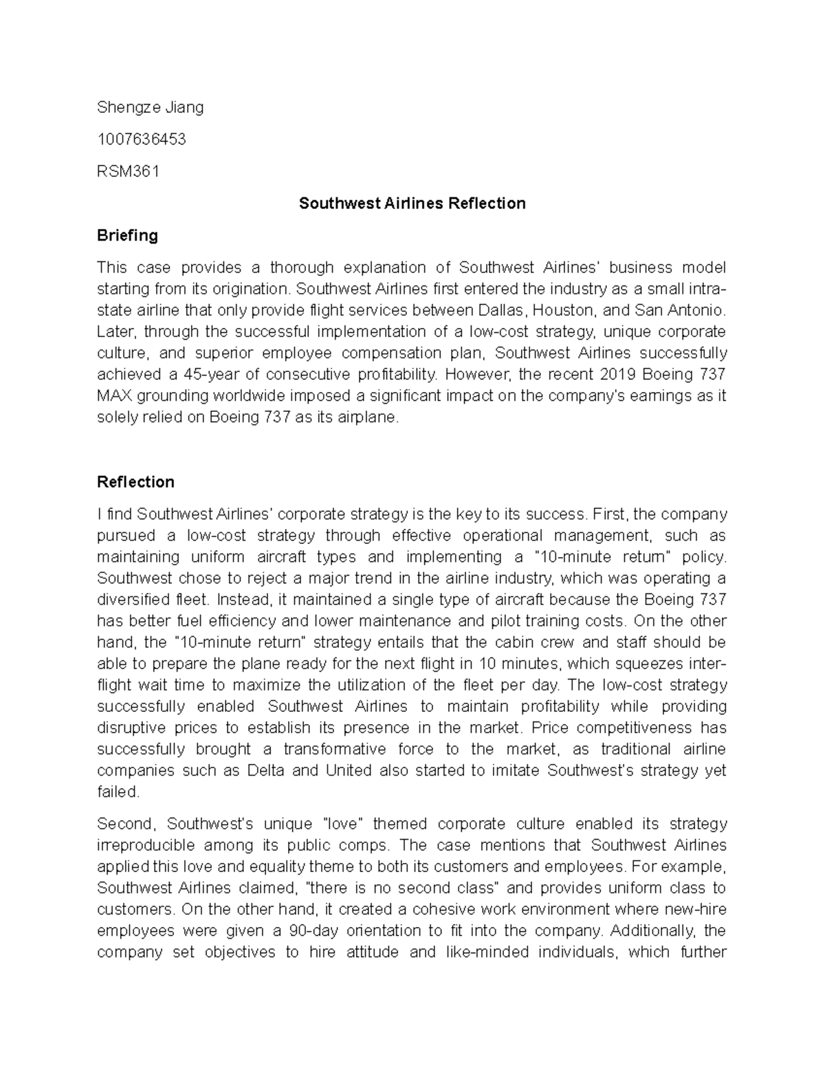 RSM361 Case Reflection: Analyzing Southwest Airlines' Success Strategy ...
