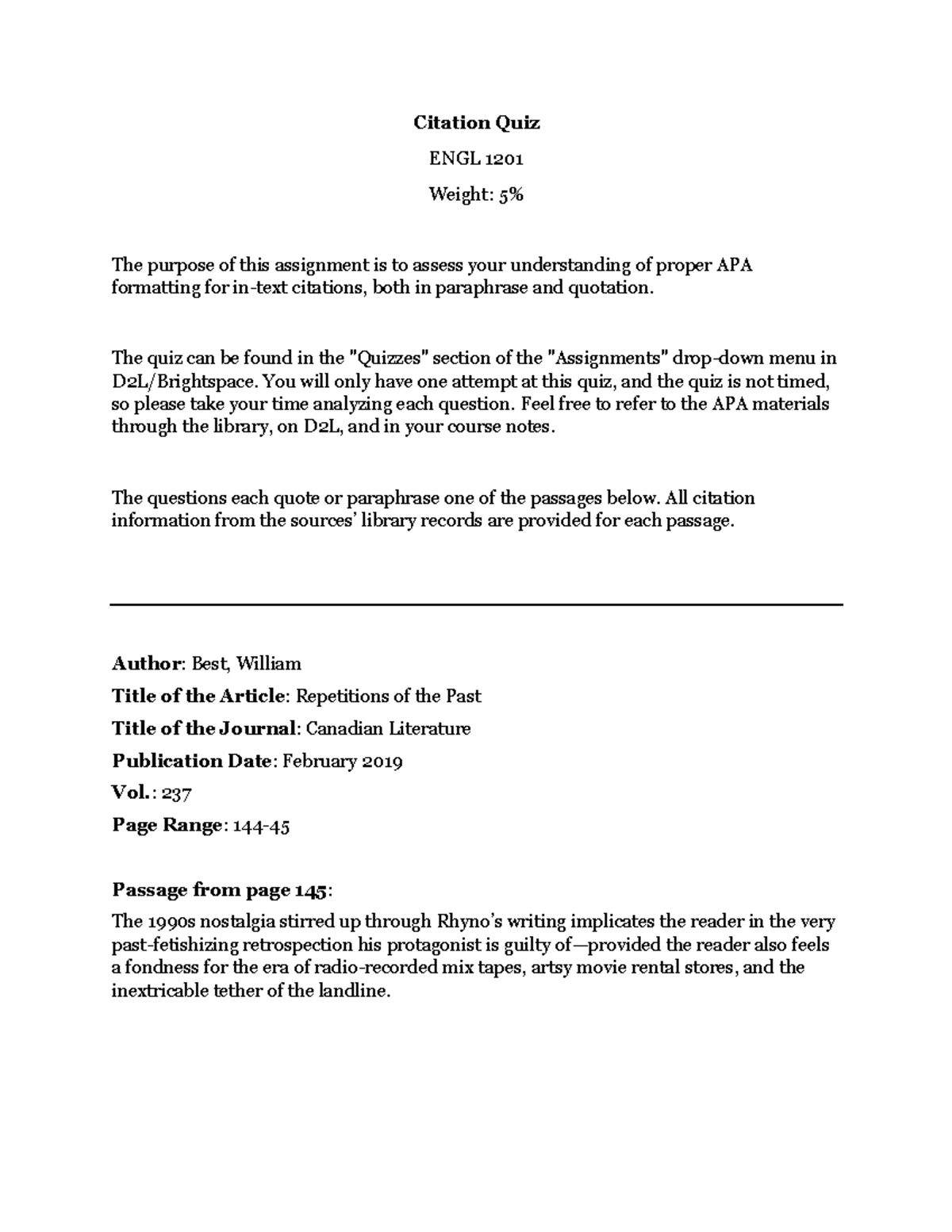 Citation Quiz ENGL 1201: Understanding APA Formatting for Citations ...
