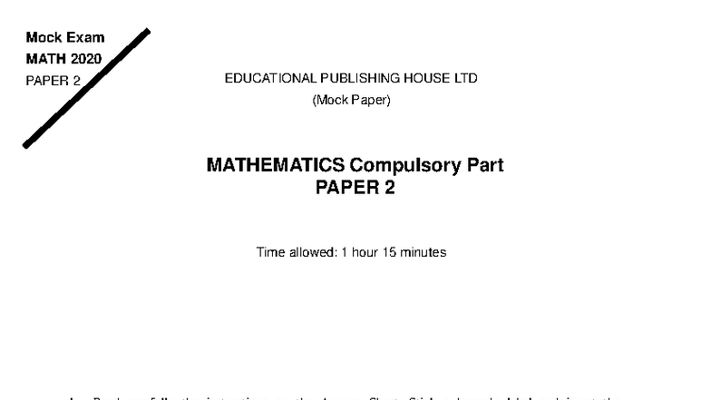 EPH 2020 Mock Exam Paper II - Mathematics Compulsory Part - Studocu