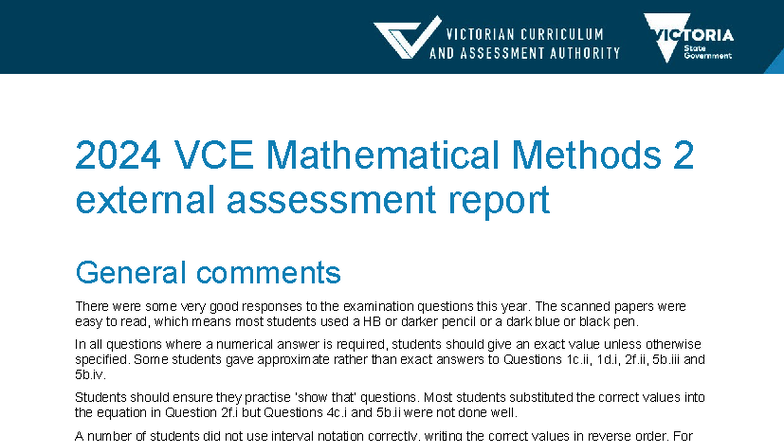 2024 VCE Mathematical Methods 2 External Assessment Report Insights ...