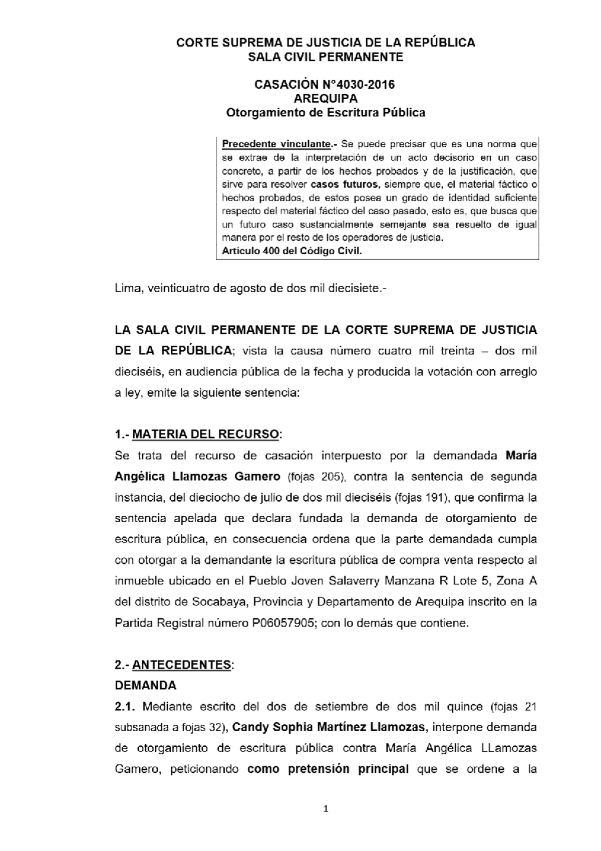 Decisión de Corte Suprema de Justicia - Sala Civil Permanente de 24 08 ...