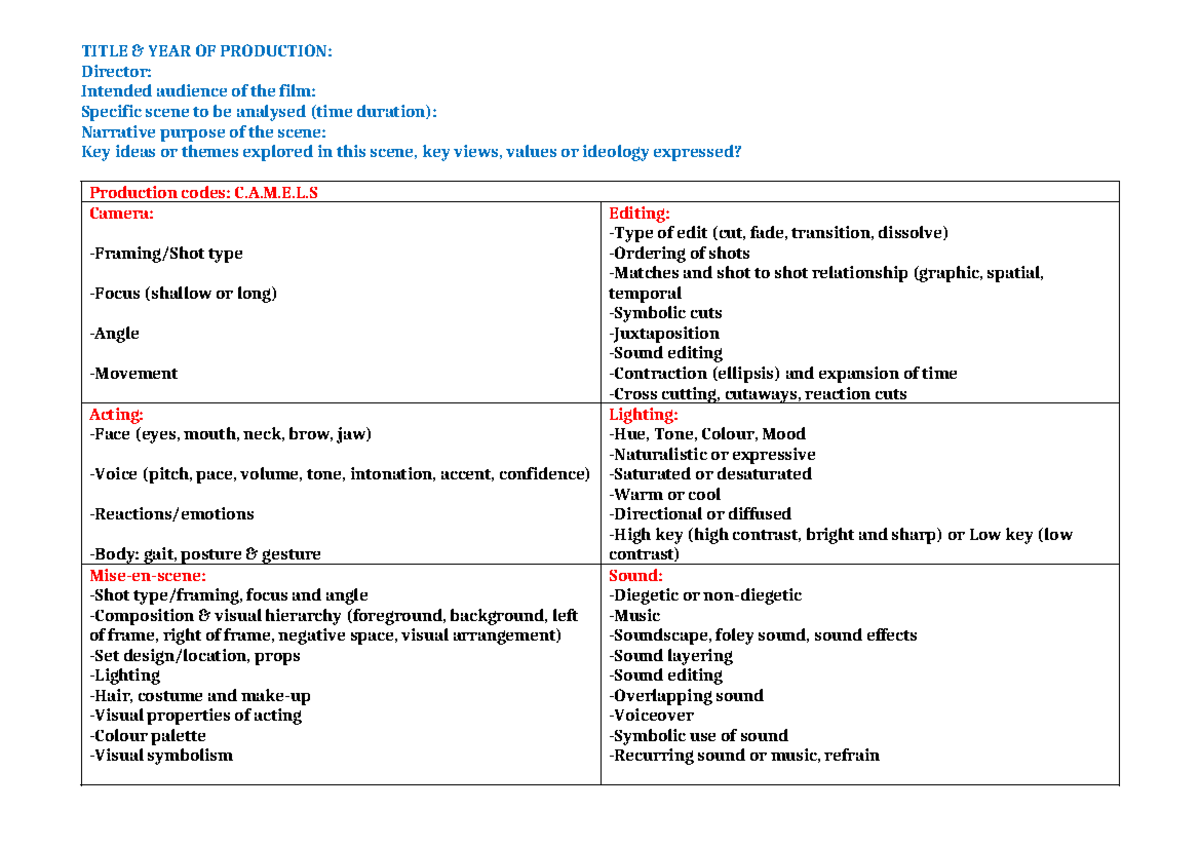 Film Analysis Terminology & Scene Note Taking Table - TITLE & YEAR OF ...