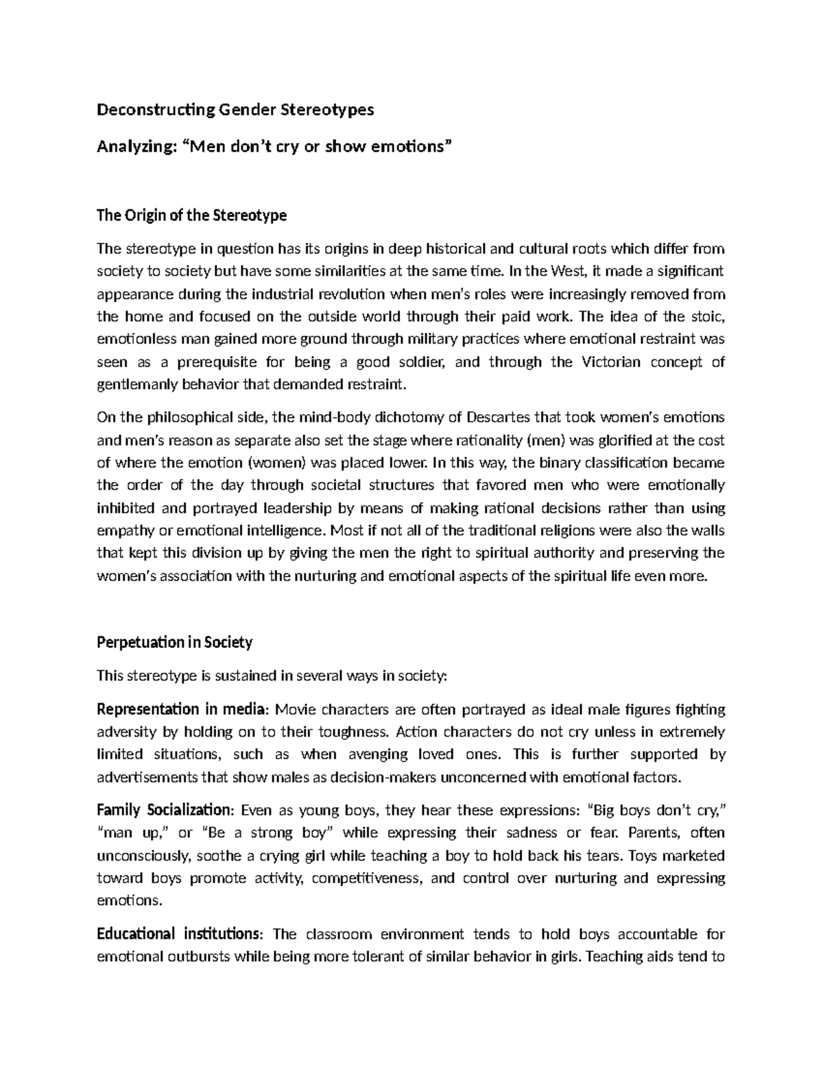 Analyzing Gender Stereotypes: The Impact of Emotional Stoicism - Studocu