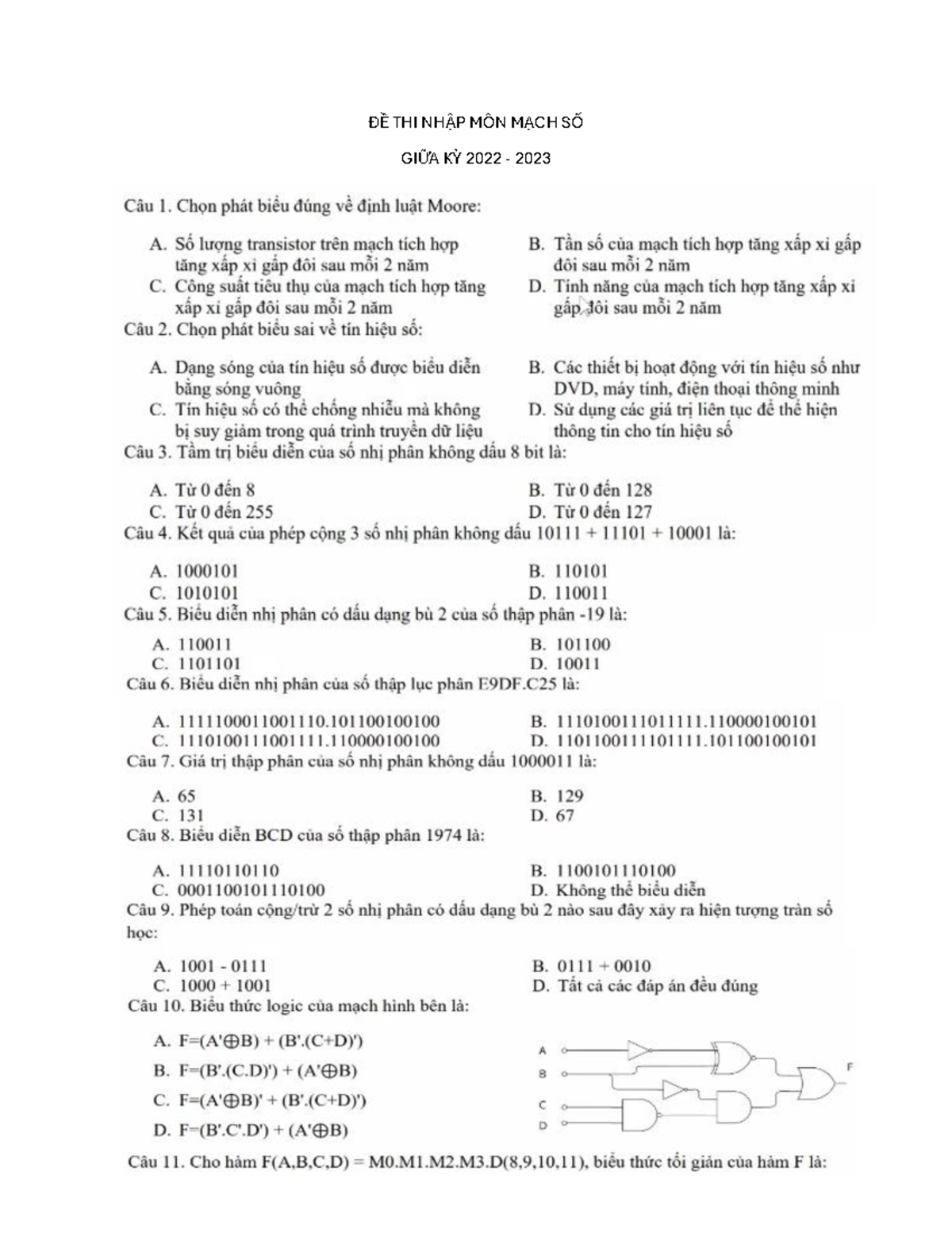 Đề Thi Giữa Kỳ Môn Mạch Số 2022 - 2023 - Document Preview