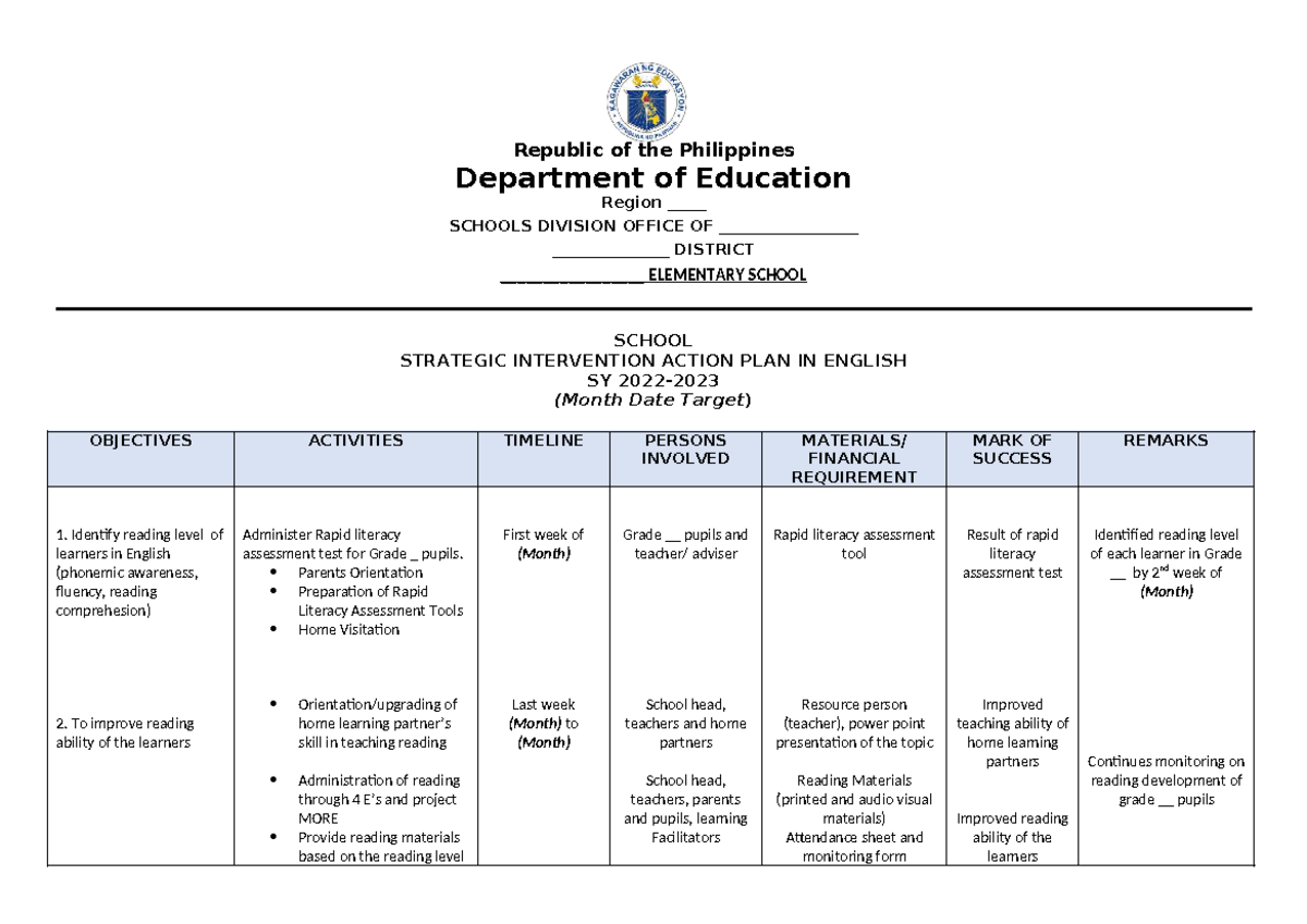 Strategic Intervention Action Plan in English for Grade __ SY (Month ...