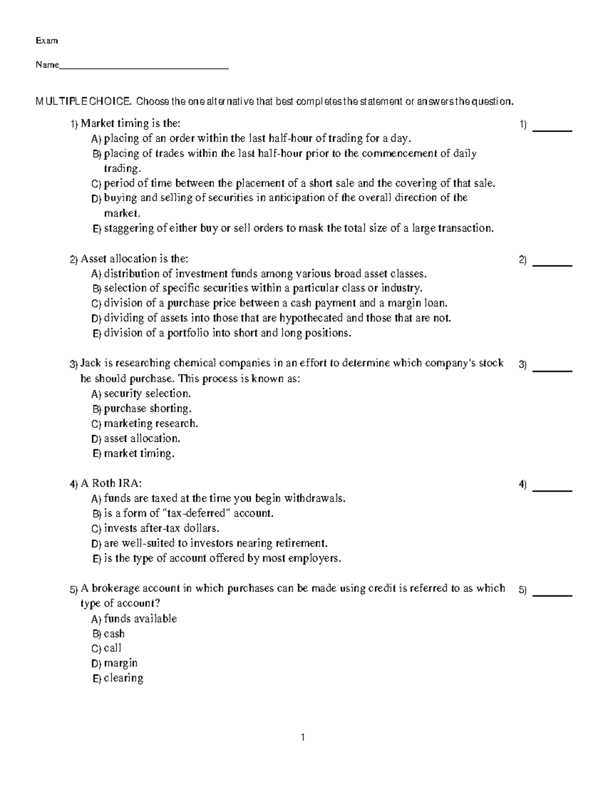 Chapter 2 - Test Bank Questions on Market Analysis and Investments ...