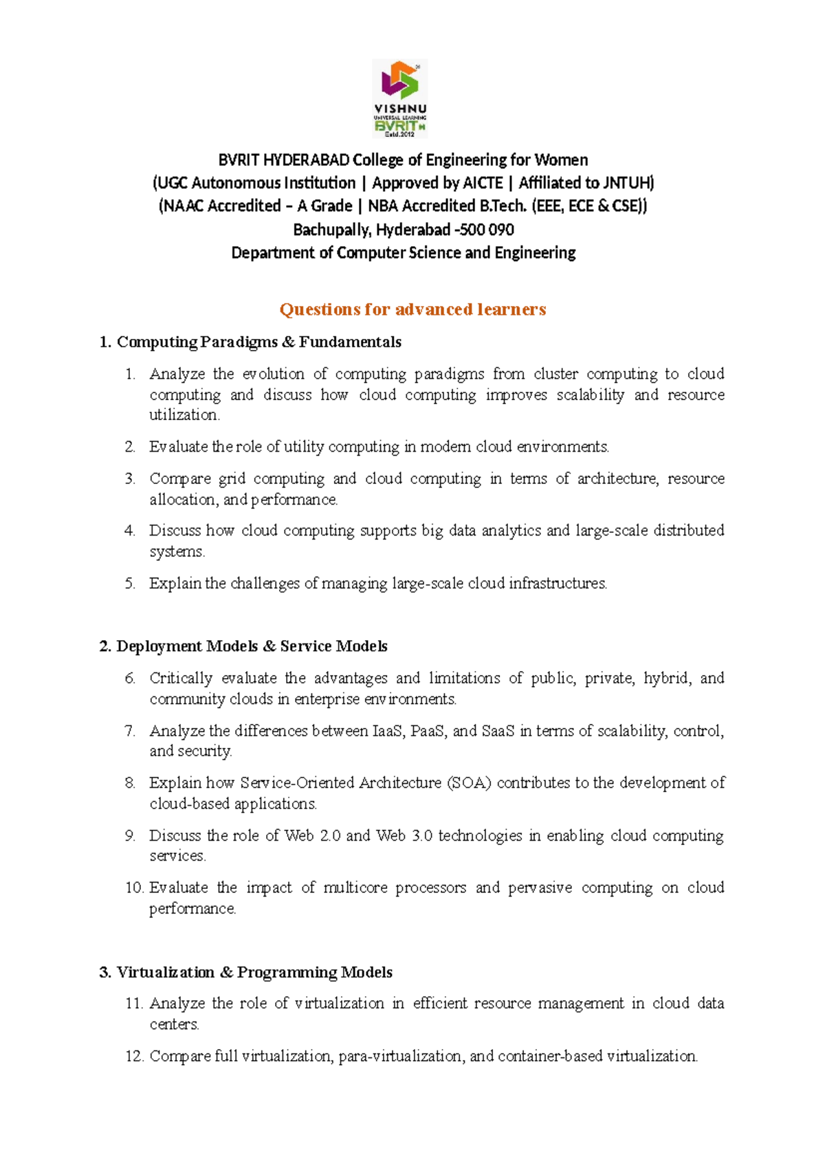 Advanced Learners Questions for CC - Cloud Computing Concepts - Studocu