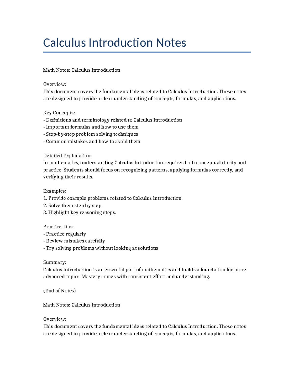 Math Notes: Calculus Introduction Overview and Key Concepts - Studocu