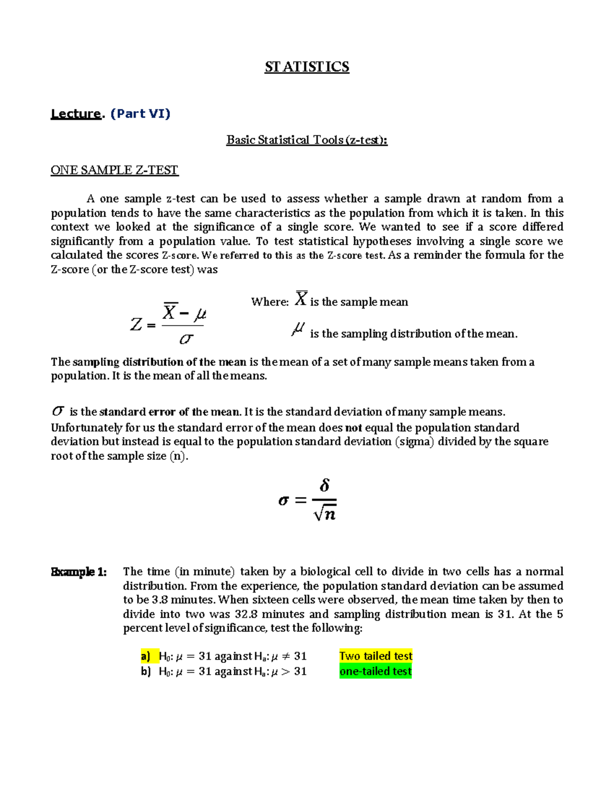 STATISTICS Lecture (Part VI) - One Sample & Two Sample Tests - Studocu