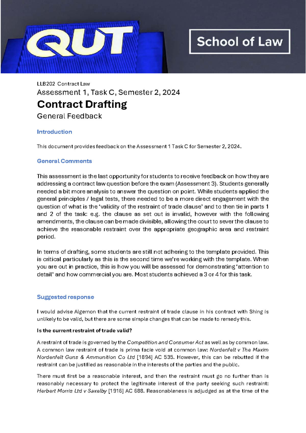 LLB202 Contract Law S2 2024 Assessment 1 Task C Feedback - Studocu