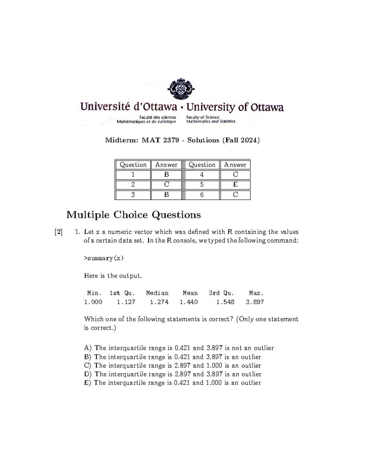 Midterm Solutions for MAT 2379: Statistical Analysis (Fall 2024) - Studocu