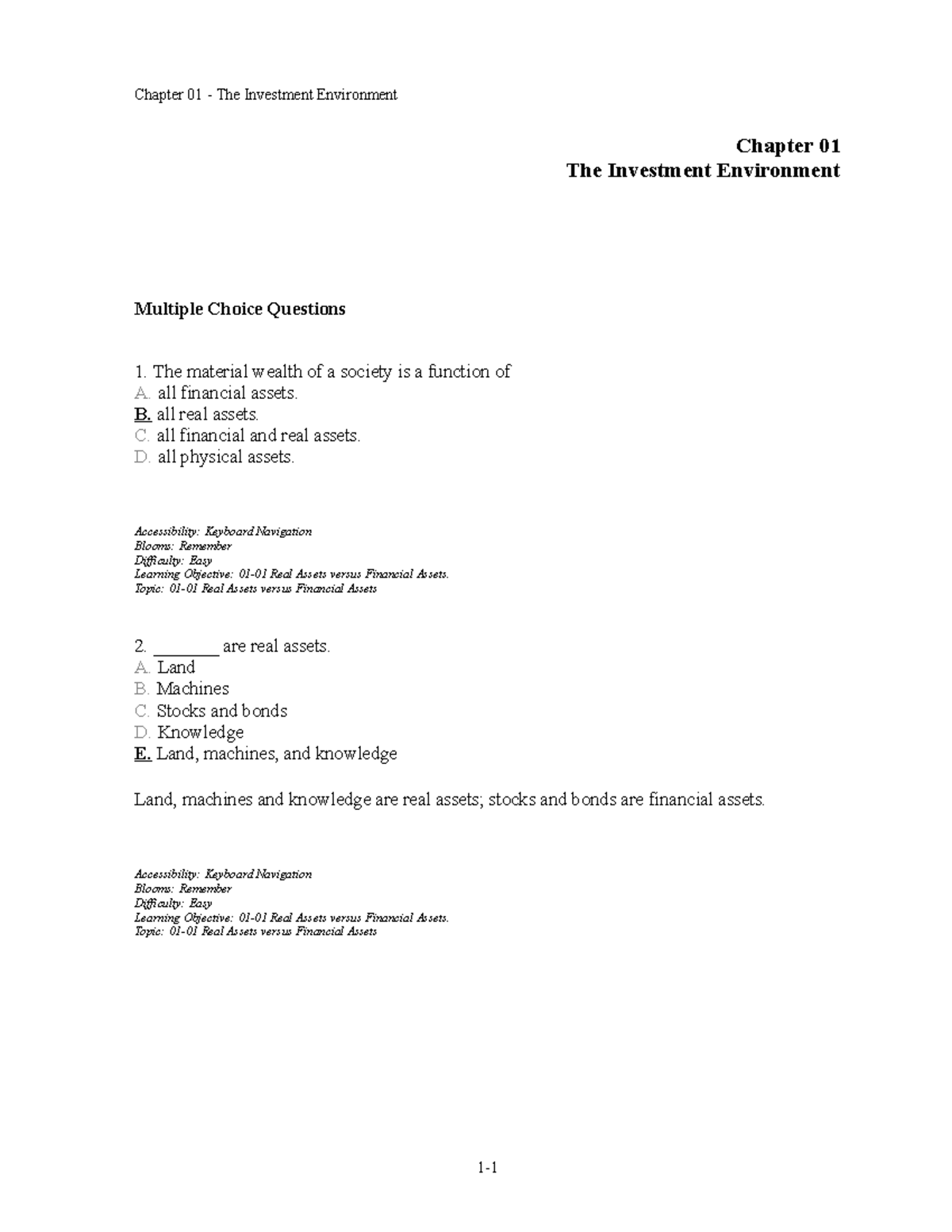 Chap001 - Chp1 - Chapter 01 The Investment Environment Multiple Choice ...