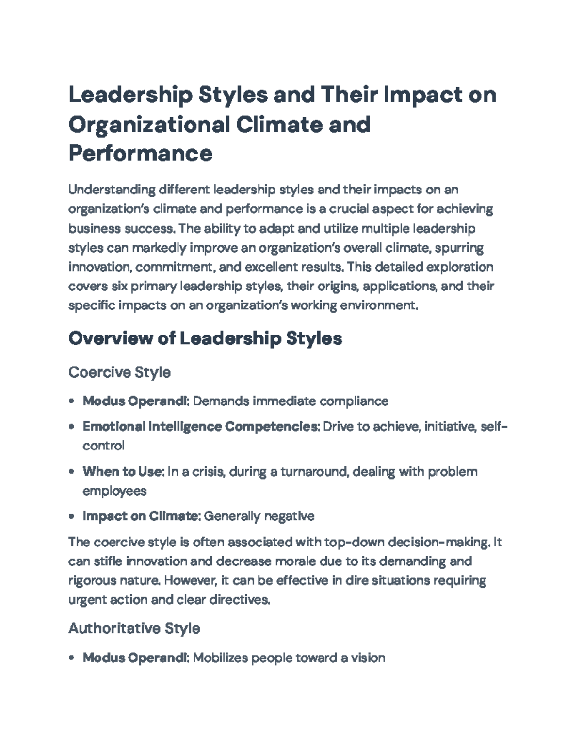 Exploring Leadership Styles and Their Effects on Org Climate ...