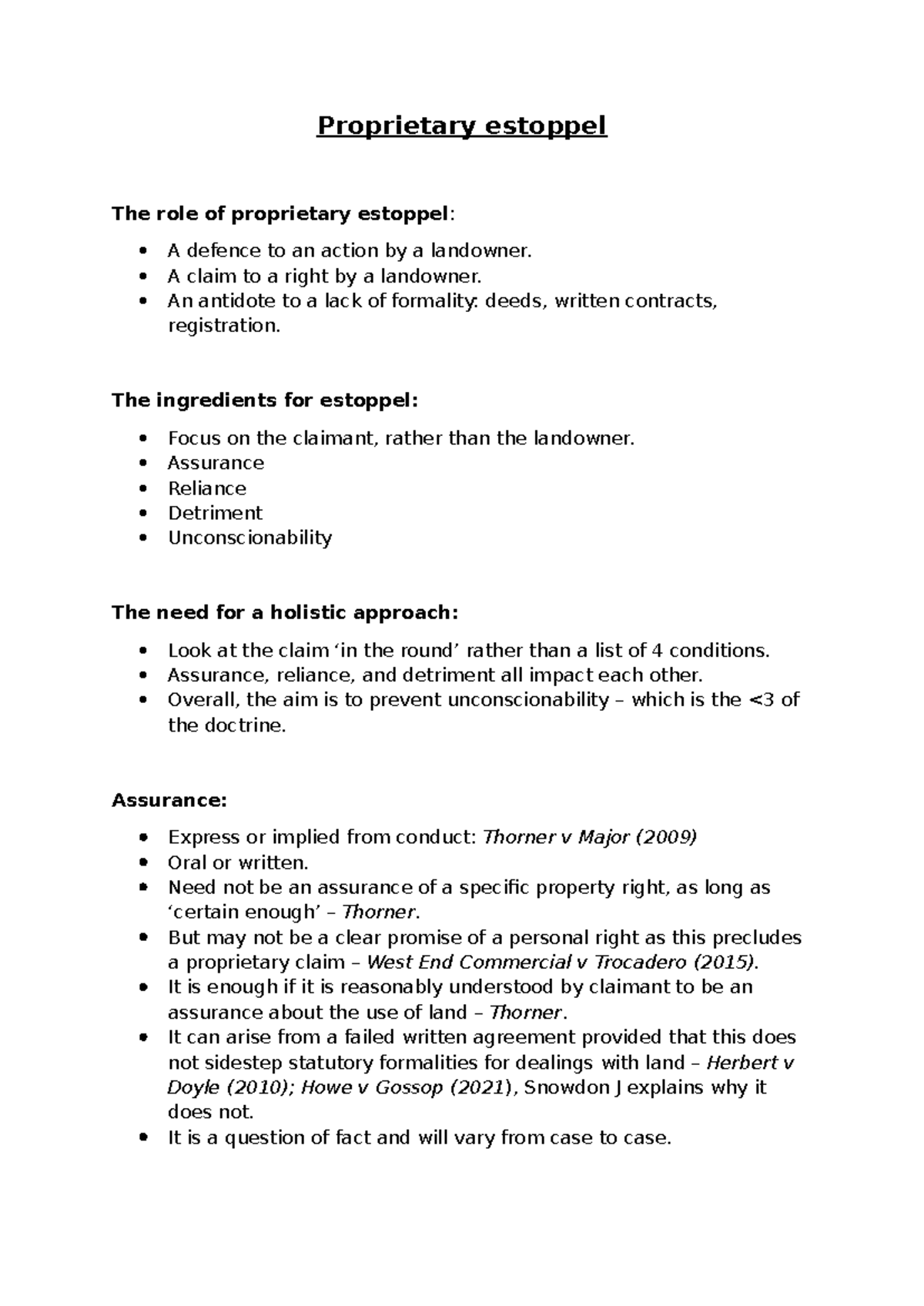 Proprietary Estoppel Overview - Summary for Land Law Exam (LLB) - Studocu