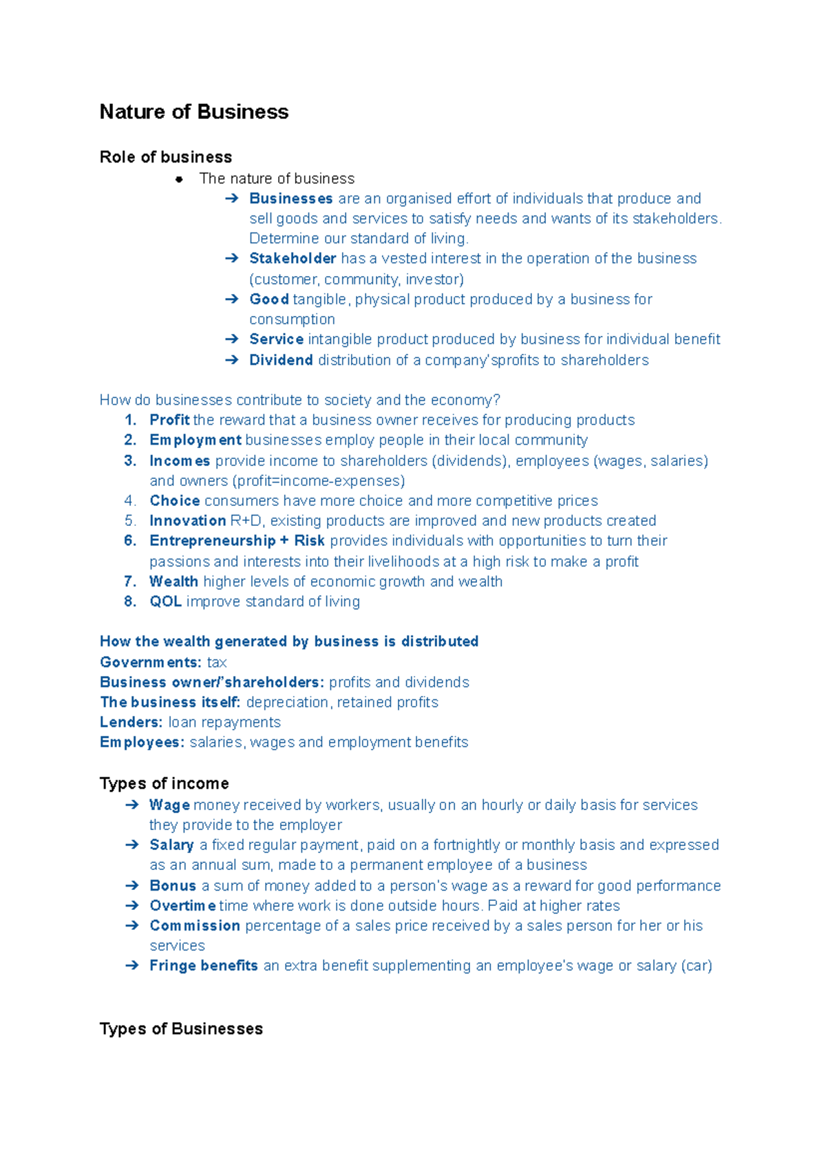Business Notes: Understanding the Nature and Role of Business - Studocu