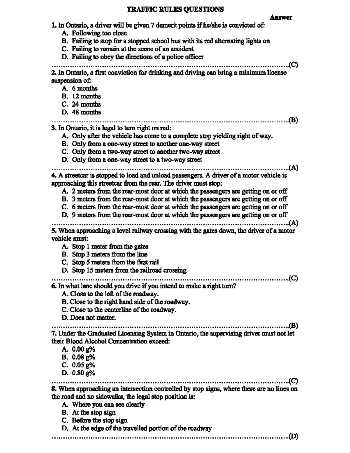 G1 Sample Test Questions and Answers for Ontario Drivers - Studocu