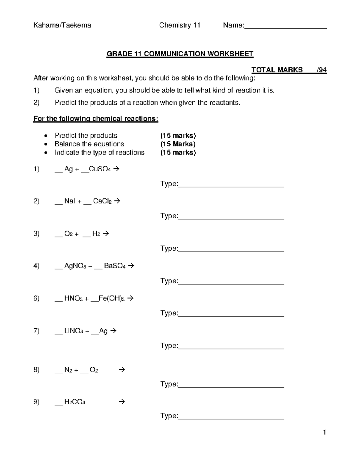 Chemistry 11 COMM U Reactions Worksheet & Predictions 2023 - Studocu