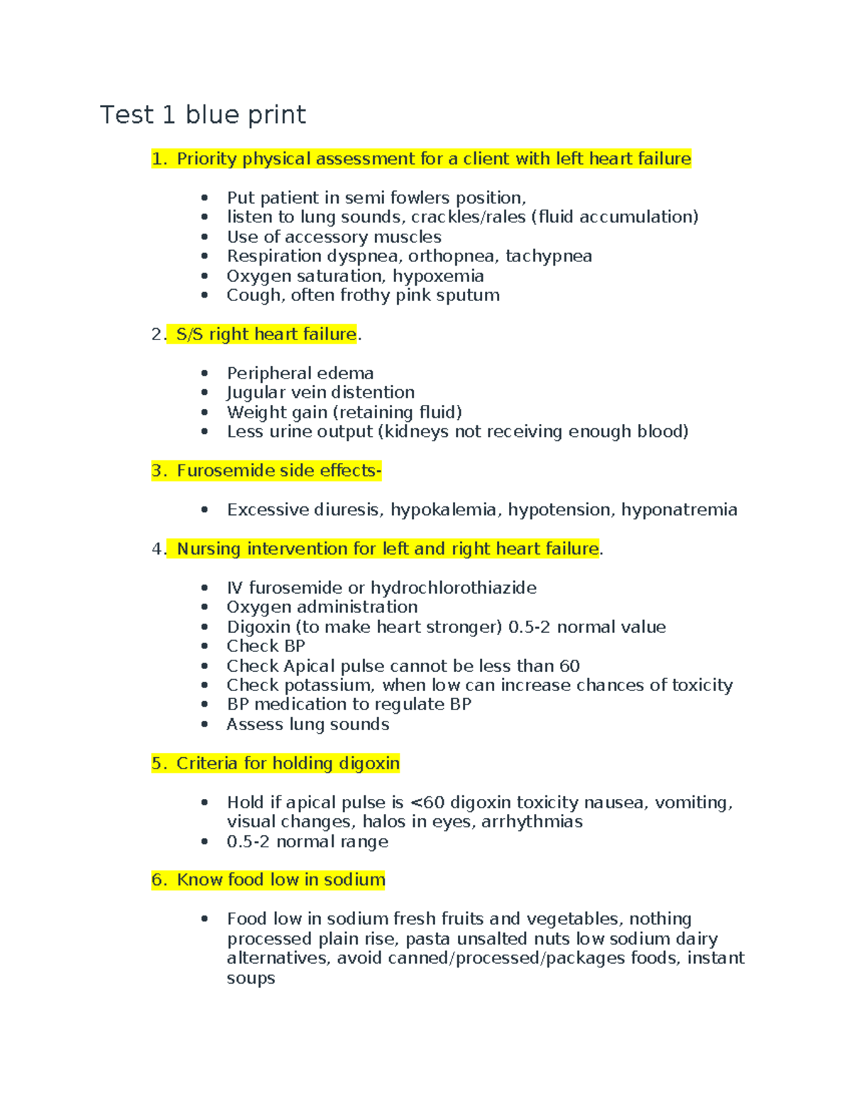 Med Surg 101: Test 1 Blueprint for Heart Failure Assessment and ...
