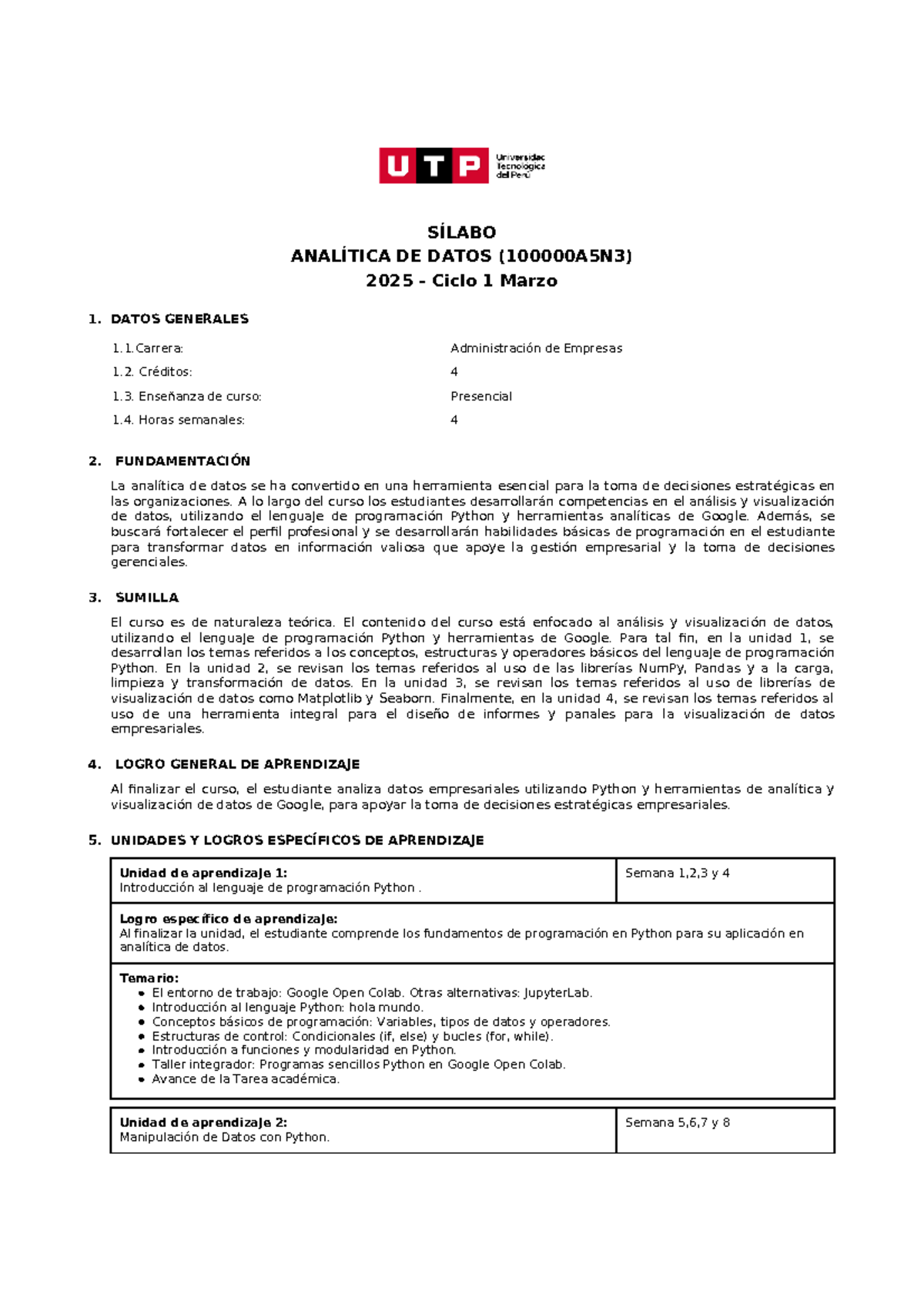 Sílabo del Curso de Analítica de Datos 2025 - Ciclo 1 - Document Preview