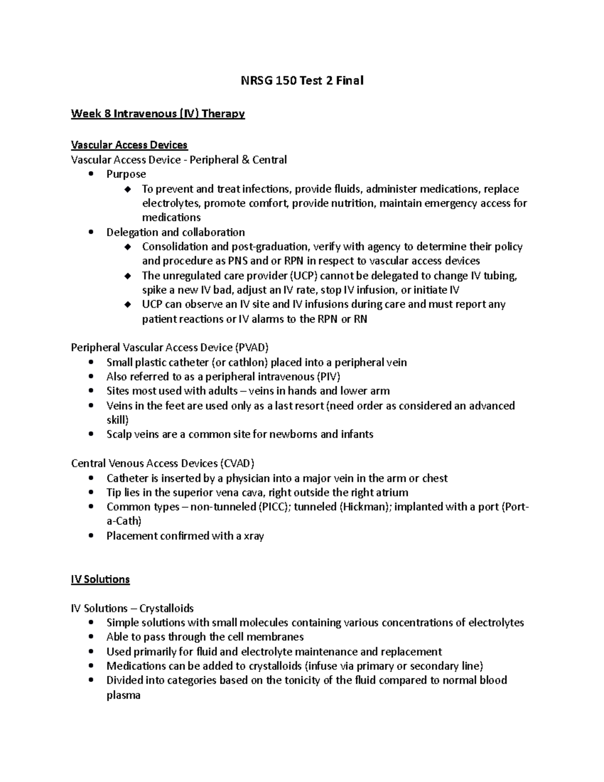 Skills lab 2 Test 2 study notes - NRSG 150 Test 2 Final Week 8 ...