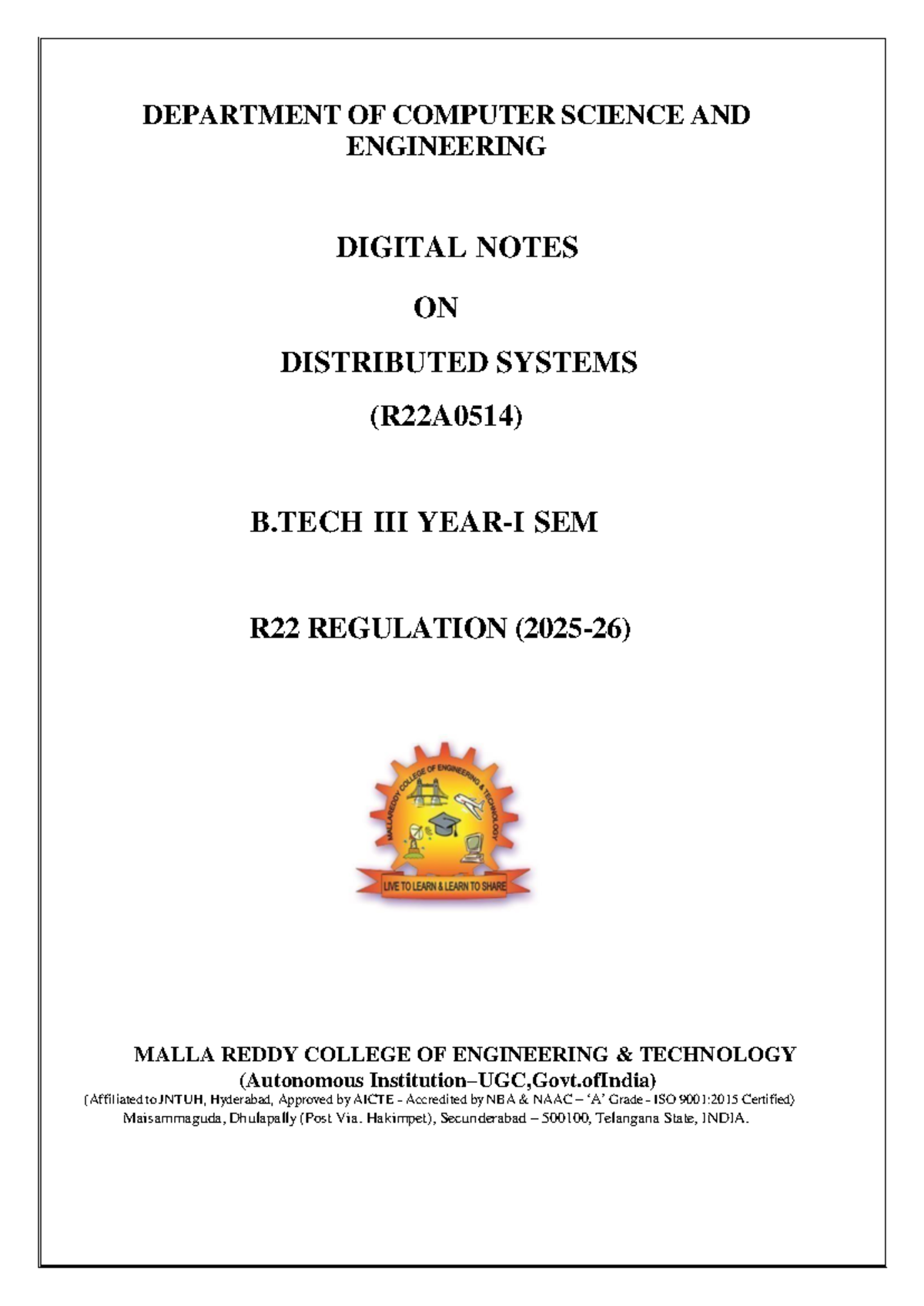 CSE - Digital Notes on Distributed Systems (R22A0514) - Studocu