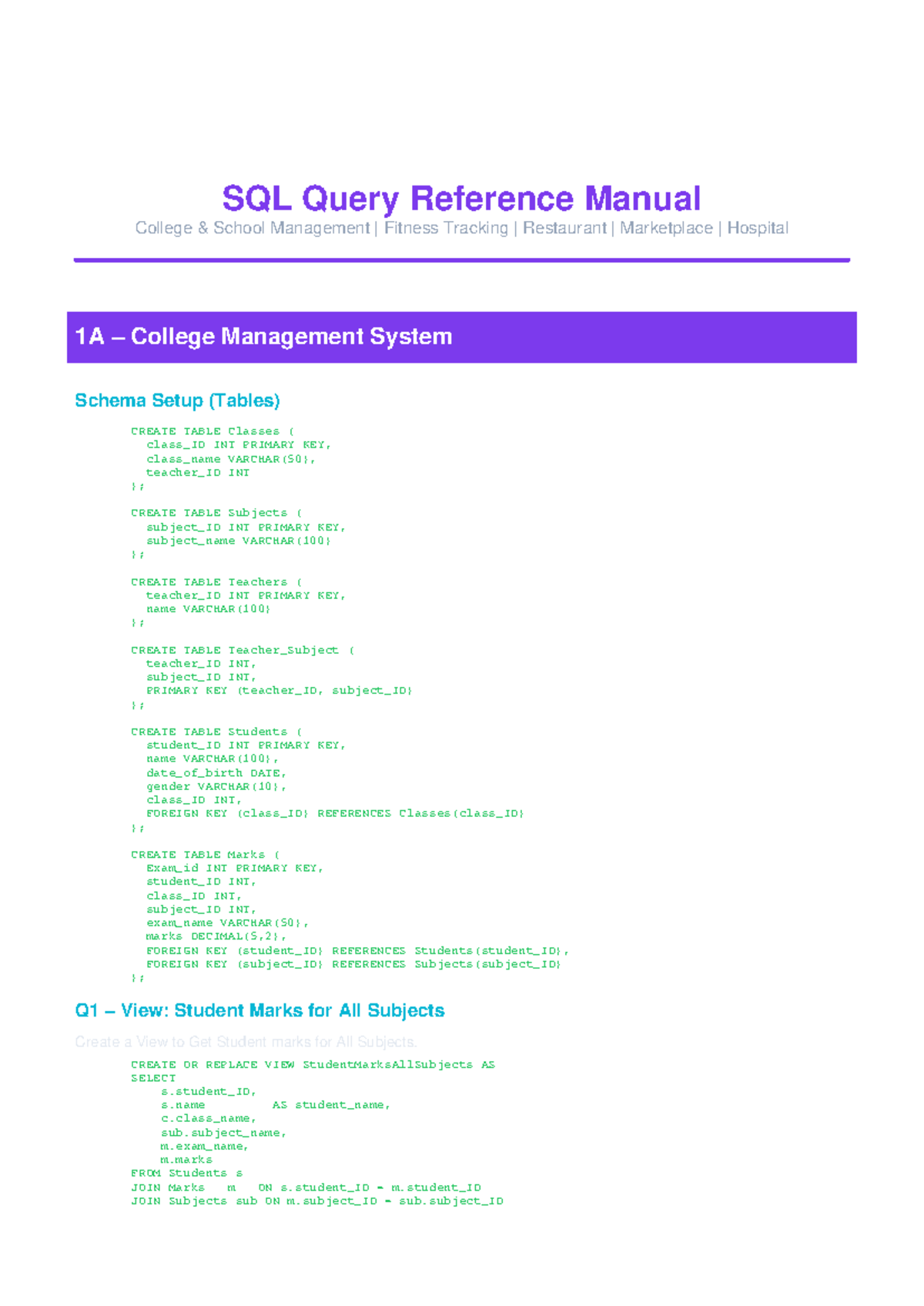 SQL Queries Complete for College Management System 1A - Studocu