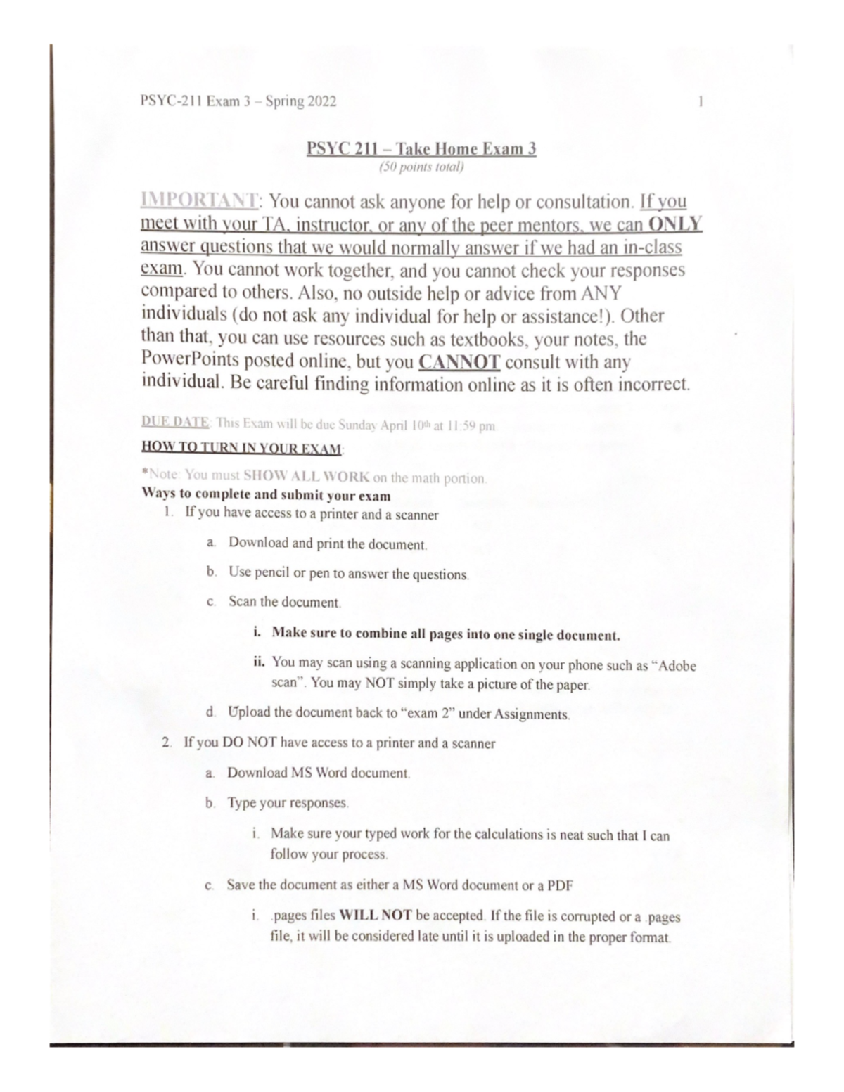 PSYC-211 Exam 3 - Spring 2022- Exam 3 Spring 2022 PSYC 211 Take Home ...