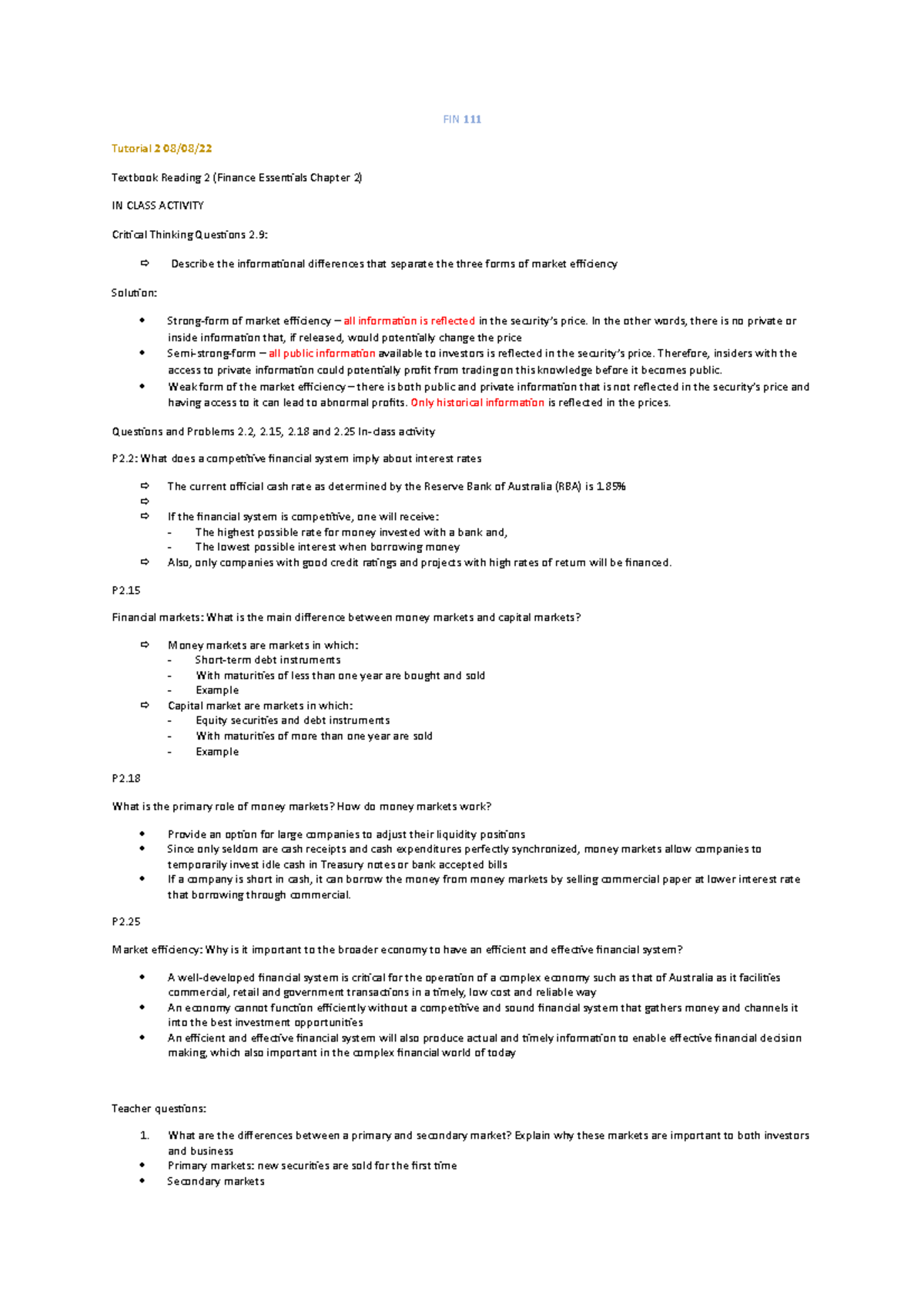 FIN 111 Tut 2 note - TUT NOTE - FIN 111 Tutorial 2 08/08/ Textbook ...