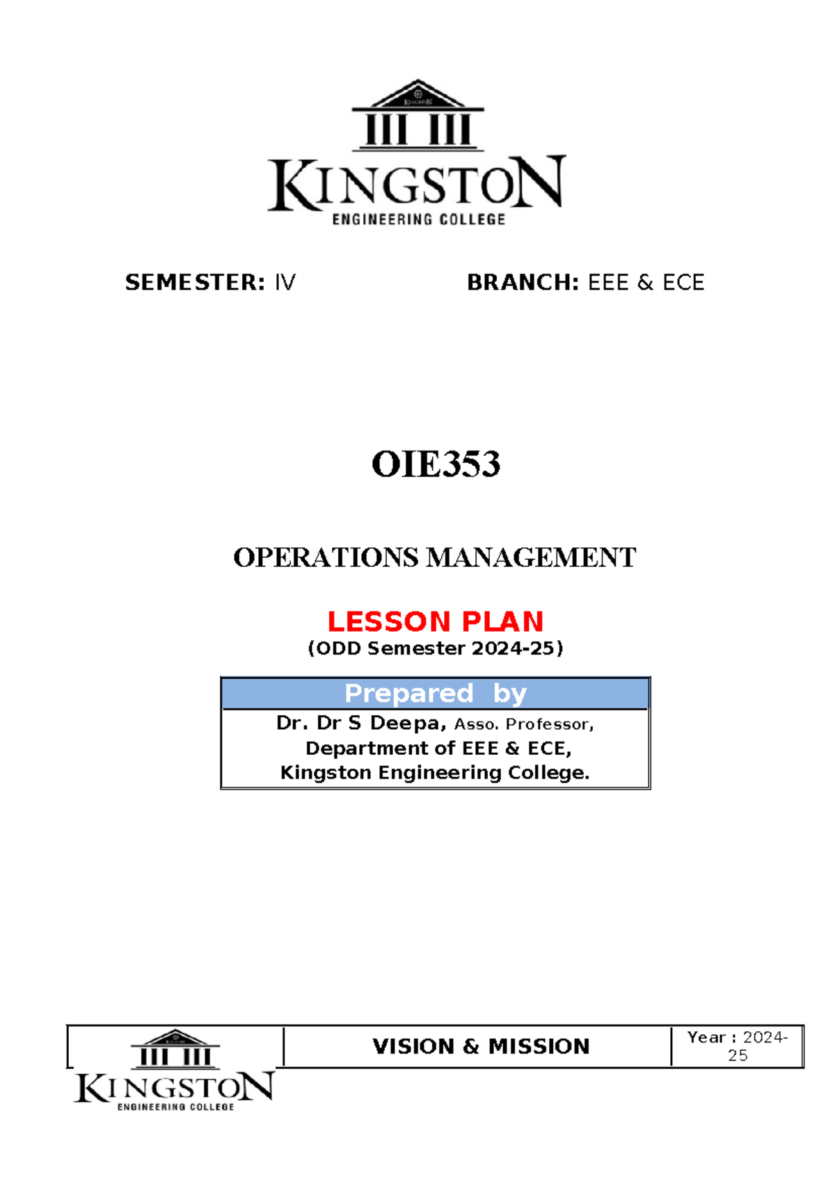 OIE353 Operations Management Lesson Plan for ECE - Semester IV - Studocu