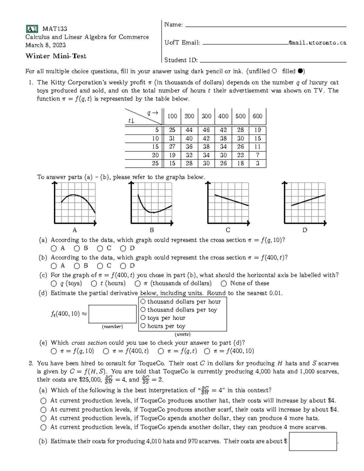Winter mini test a1 - term test 3 qs - A1 MAT Calculus and Linear ...