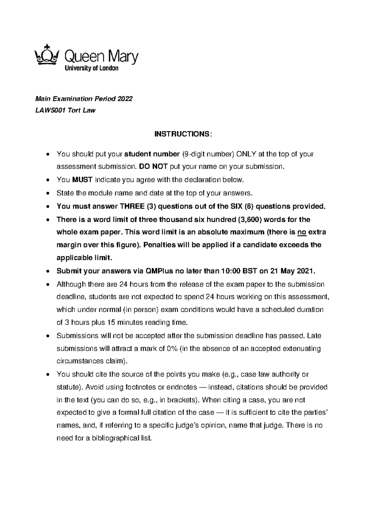 LAW5001 Final Exam - Tort Law Guidance for 2022 Assessment - Studocu