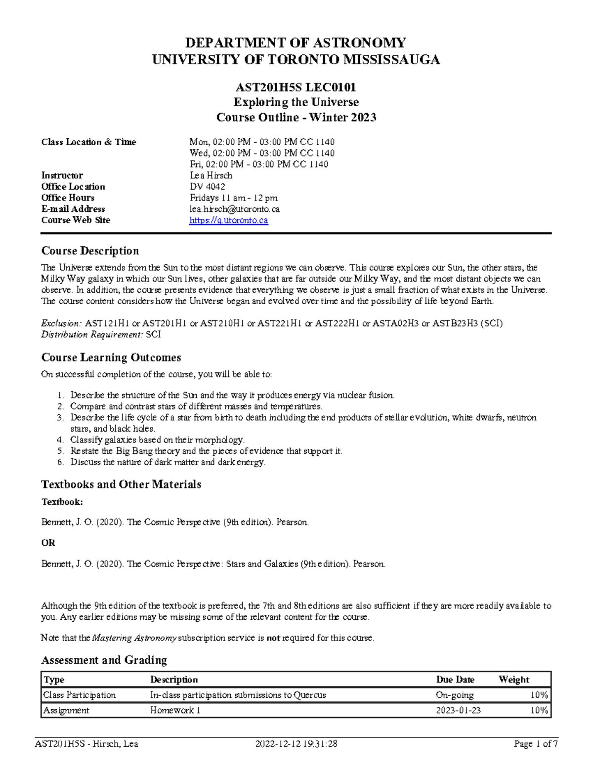 AST201H5S Course Outline - Exploring the Universe, Winter 2023 - Studocu