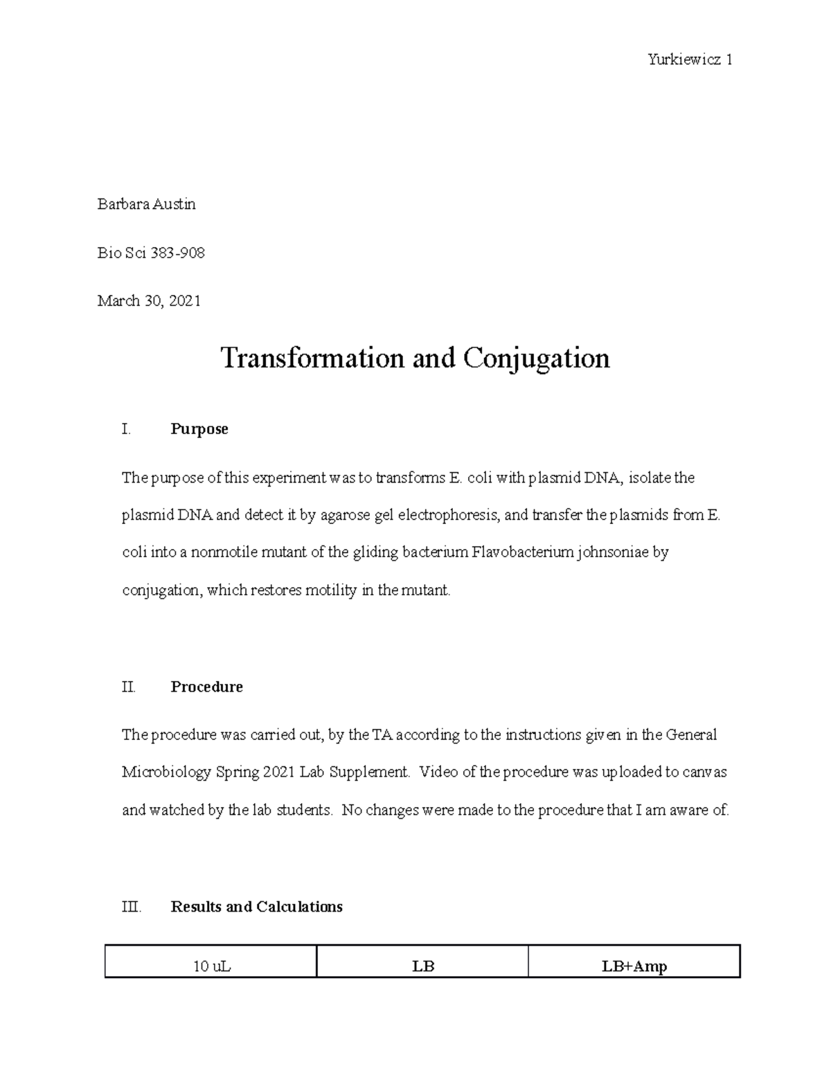 Bio Sci 383 - Transformation and Conjugation Lab Report - Studocu