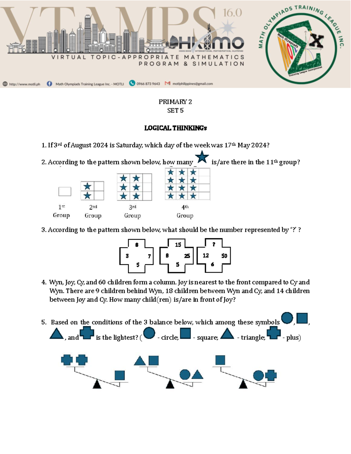 HKIMO PRIMARY 2 SET 5 LOGICAL & ARITHMETIC REVIEWER - Studocu