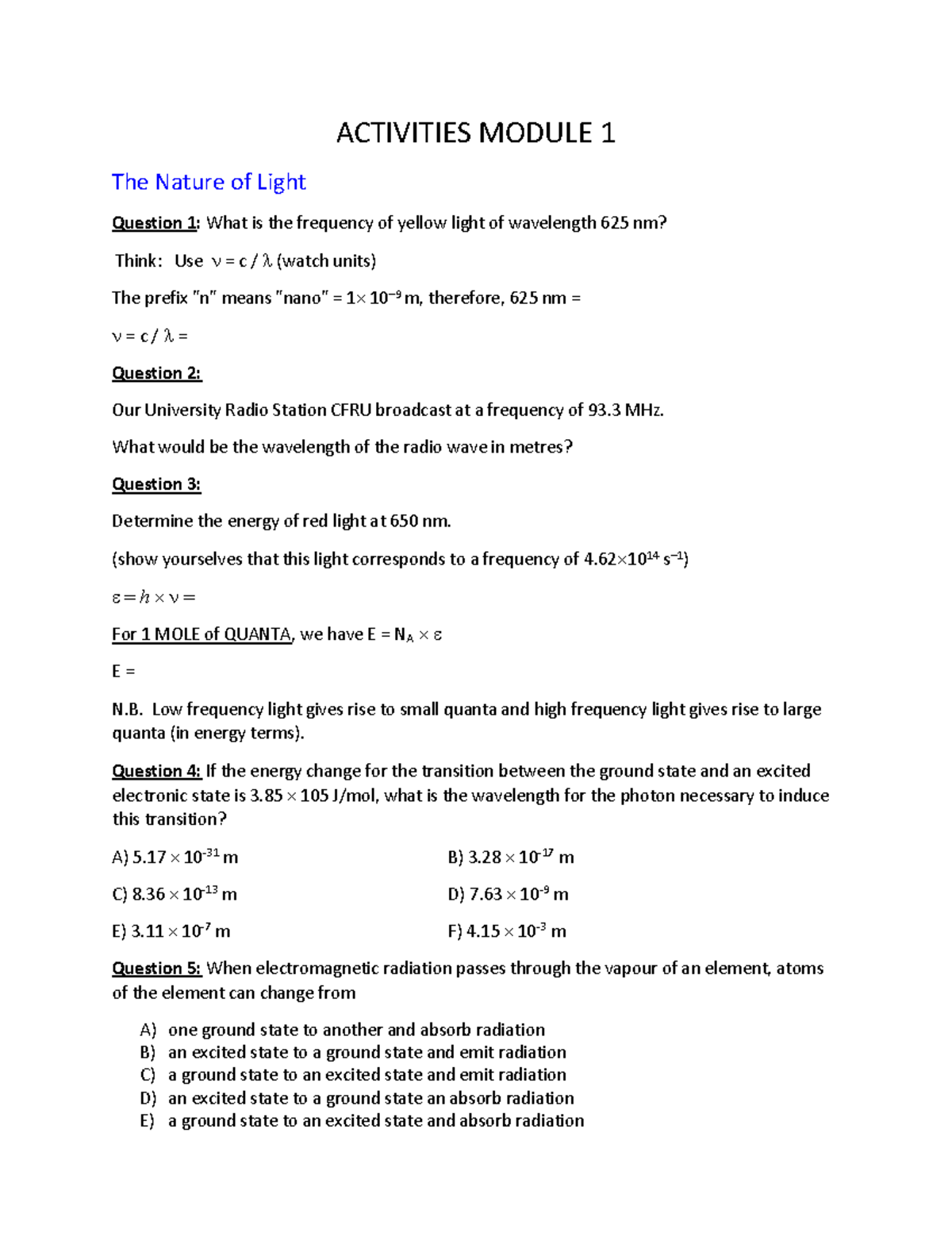Activities Module 1: Understanding Light and Quantum Mechanics - Studocu